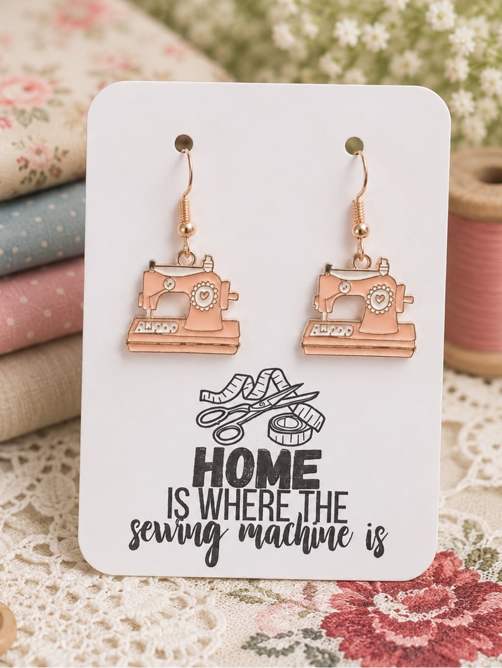 "Home is Where the Sewing Machine Is" Pink Sewing Machine Dangle Earrings